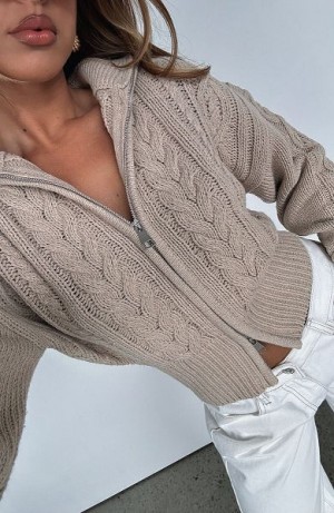 Beige White Fox Boutique All At Once Zip Front Knit Sweaters | US_29608FOZI