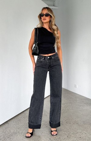 Black Wash White Fox Boutique Always Be Yourself Low Rise Straight Leg Jeans | US_63480SXHY