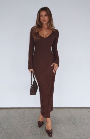 Brown White Fox Boutique A New Direction Long Sleeve Maxi Dress | US_50894PGUM