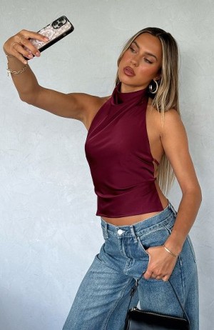 Burgundy White Fox Boutique Time Passes Halter Tops | US_57409UIQN