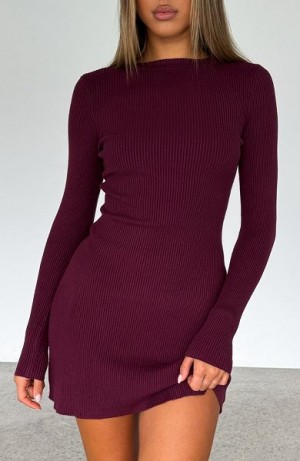 Dark Burgundy White Fox Boutique Let's Be Together Long Sleeve Mini Dress | US_97210ILBV