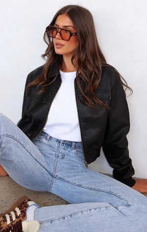 Dark Chocolate White Fox Boutique Jaded Nights Pu Bomber Jackets | US_37856AEIT