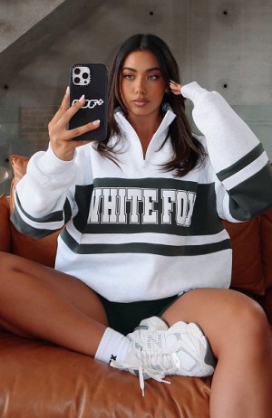 Grey / Dark Green White Fox Boutique Decade Classics Varsity Zip Front Sweaters | US_56270EIHU