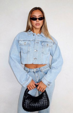 Light Blue Wash White Fox Boutique Lightspeed Cropped Denim Jackets | US_70859JVMX