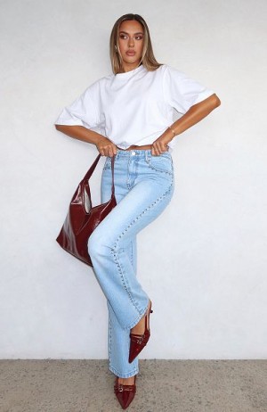 Wash White Fox Boutique Unmatched Studded Mid Rise Straight Leg Jeans | US_62583DTSY