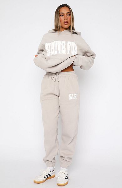 Beige White Fox Boutique Decade Classics Varsity Sweatpants | US_23671XBFC