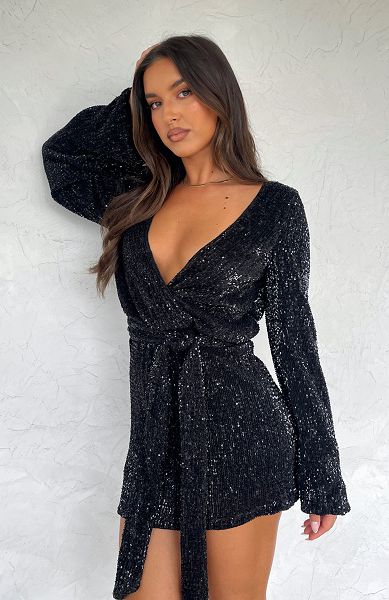 Black White Fox Boutique Stars Shining Long Sleeve Mini Dress | US_45871ZELC