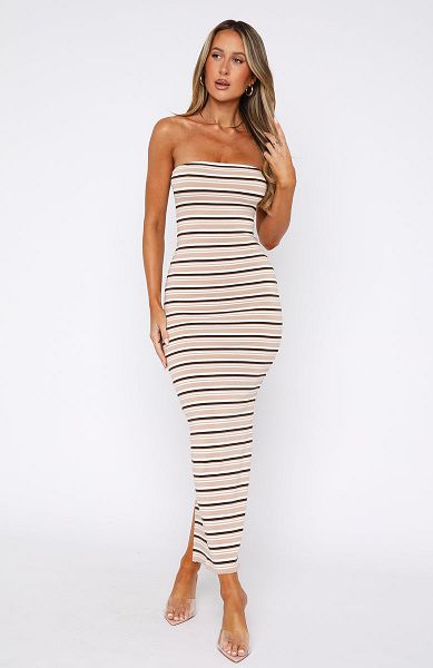 Brown White Fox Boutique New Vibrations Strapless Maxi Dress | US_74128HFZX