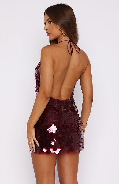 Burgundy White Fox Boutique Seabreeze Sequin Halter Mini Dress | US_42750VQNZ