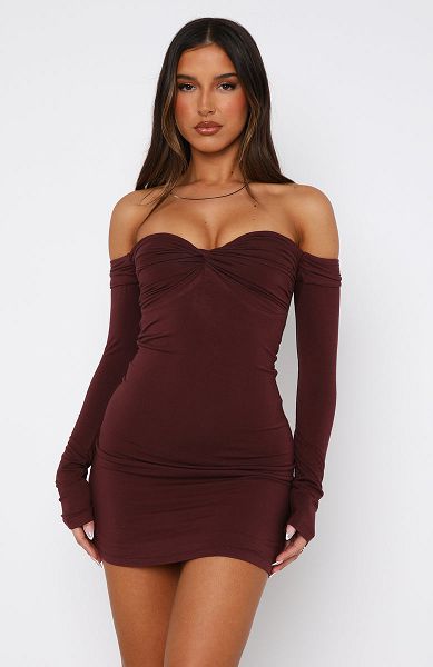 Chocolate White Fox Boutique Running Out Of Time Off Shoulder Mini Dress | US_48592GCNJ