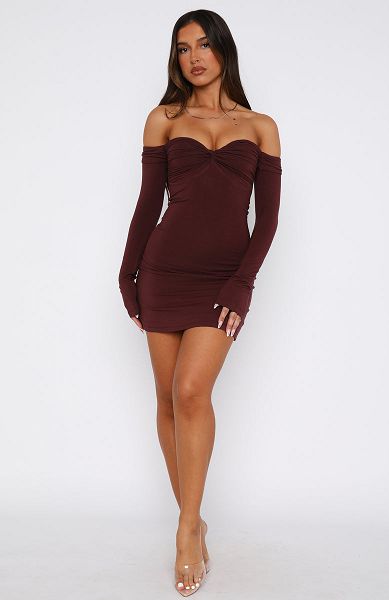 Chocolate White Fox Boutique Running Out Of Time Off Shoulder Mini Dress | US_48592GCNJ