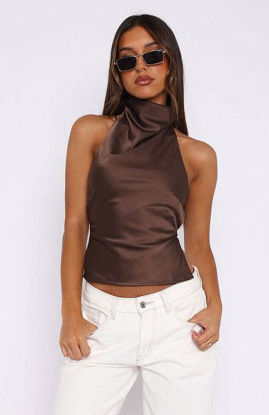 Chocolate White Fox Boutique Time Passes Halter Tops | US_25843XOAV