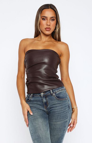 Chocolate White Fox Boutique Well Behaved Strapless Pu Tank Top | US_38290KVQT