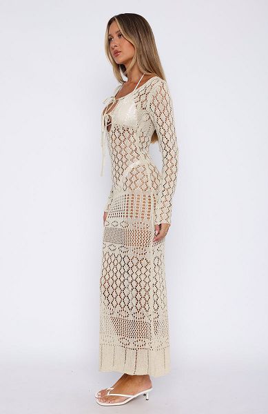 Cream White Fox Boutique Something Special Long Sleeve Crochet Maxi Dress | US_43568KHJB