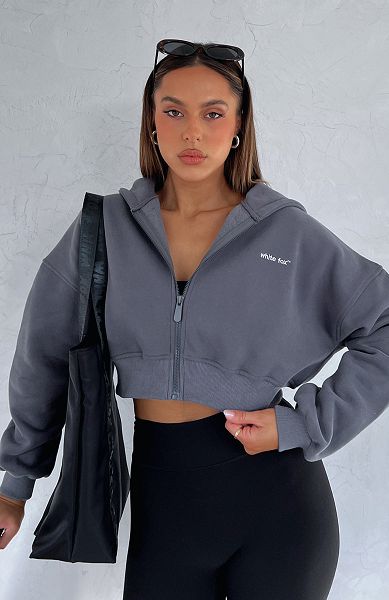 Grey / White White Fox Boutique She\'s Effortless Cropped Hoodie | US_80249ZQAM