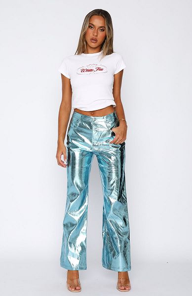 Light Turquoise Blue White Fox Boutique Push The Button Pu Pants | US_63547WQYN