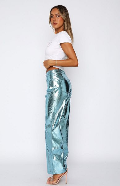 Light Turquoise Blue White Fox Boutique Push The Button Pu Pants | US_63547WQYN